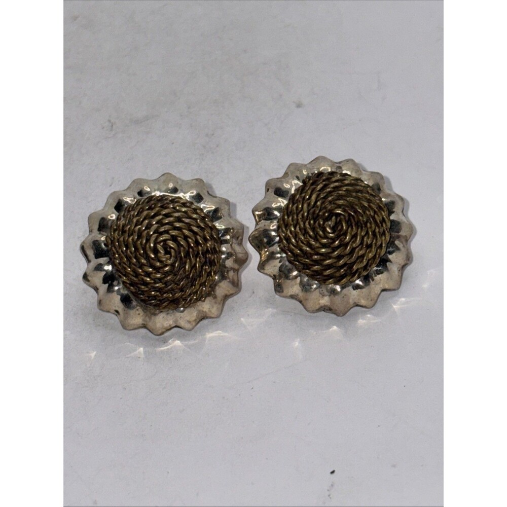 Vintage Laton  Mexico Sterling Silver 925 Earrings 2 Tone Brass  Dome Rope